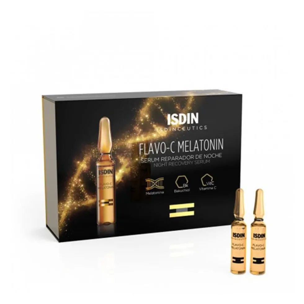 Isdin Isdinceutics Flavo-C Melatonin - Siero viso da notte per la riparazione, 30 fiale da 2 ml