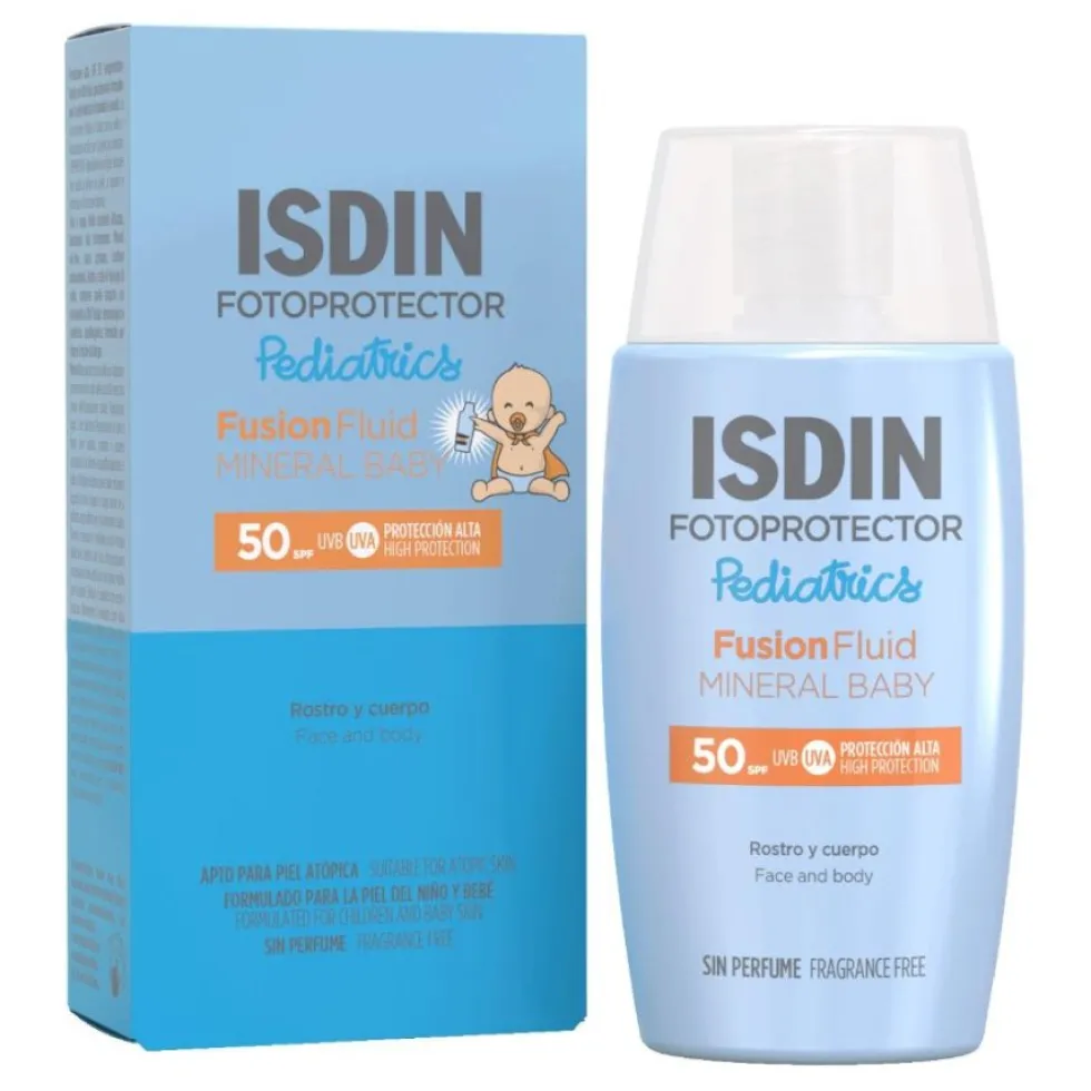 Isdin Mineral Baby Pediatrics SPF 50 - Fotoprotettore fluido minerale per neonati e bambini, 50 ml
