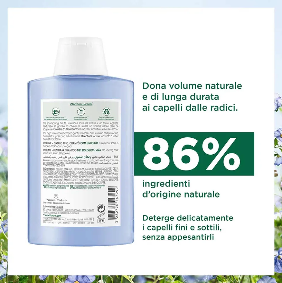 Klorane Fibre Di Lino - Shampoo Volumizzante per Capelli Sottili, 200ml