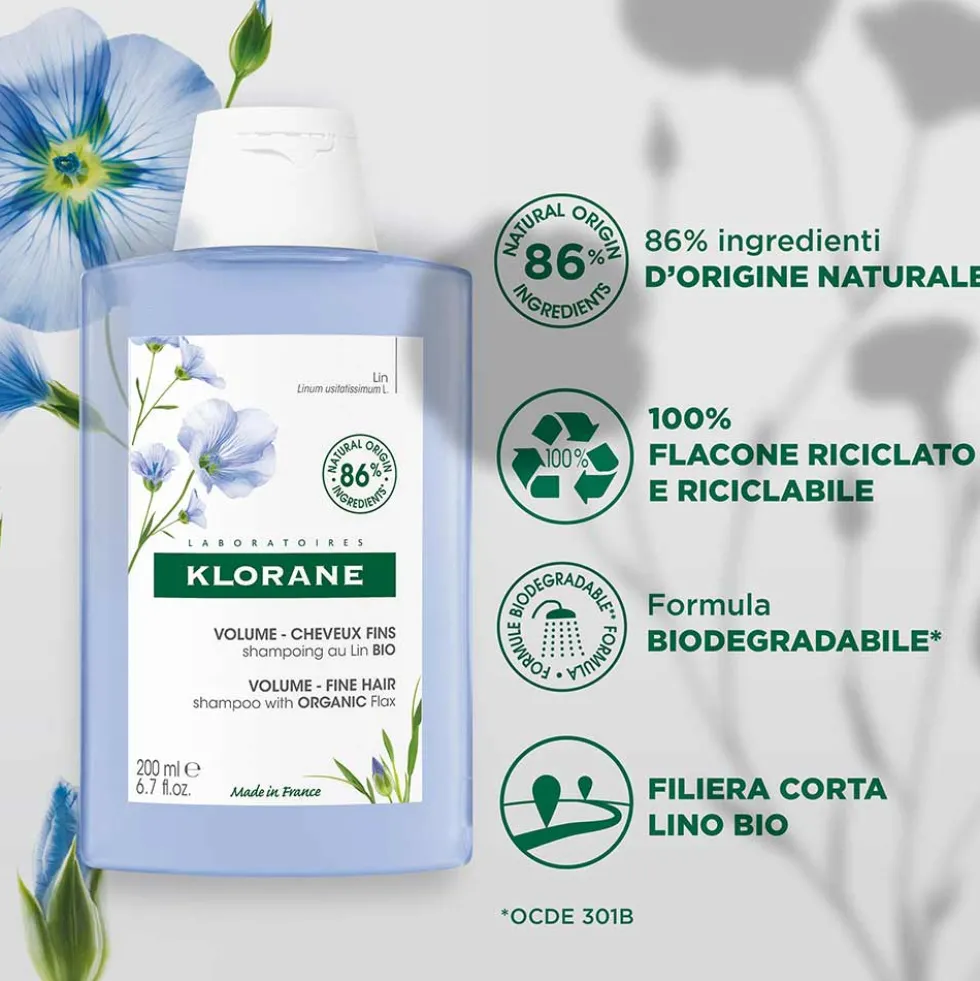 Klorane Fibre Di Lino - Shampoo Volumizzante per Capelli Sottili, 200ml