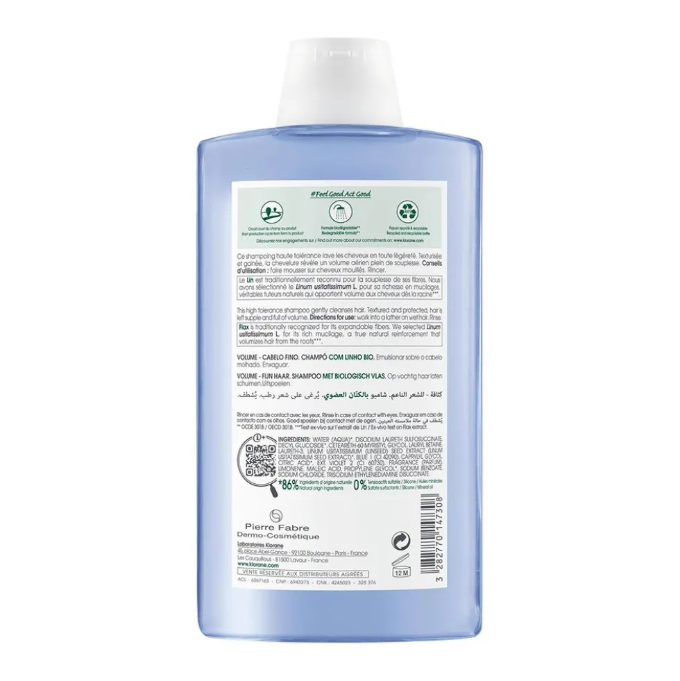 Klorane Fibre Di Lino - Shampoo Volumizzante per Capelli Sottili, 400ml