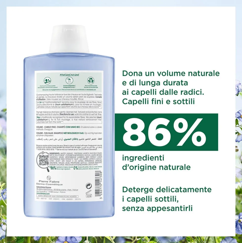 Klorane Fibre Di Lino - Shampoo Volumizzante per Capelli Sottili, 400ml