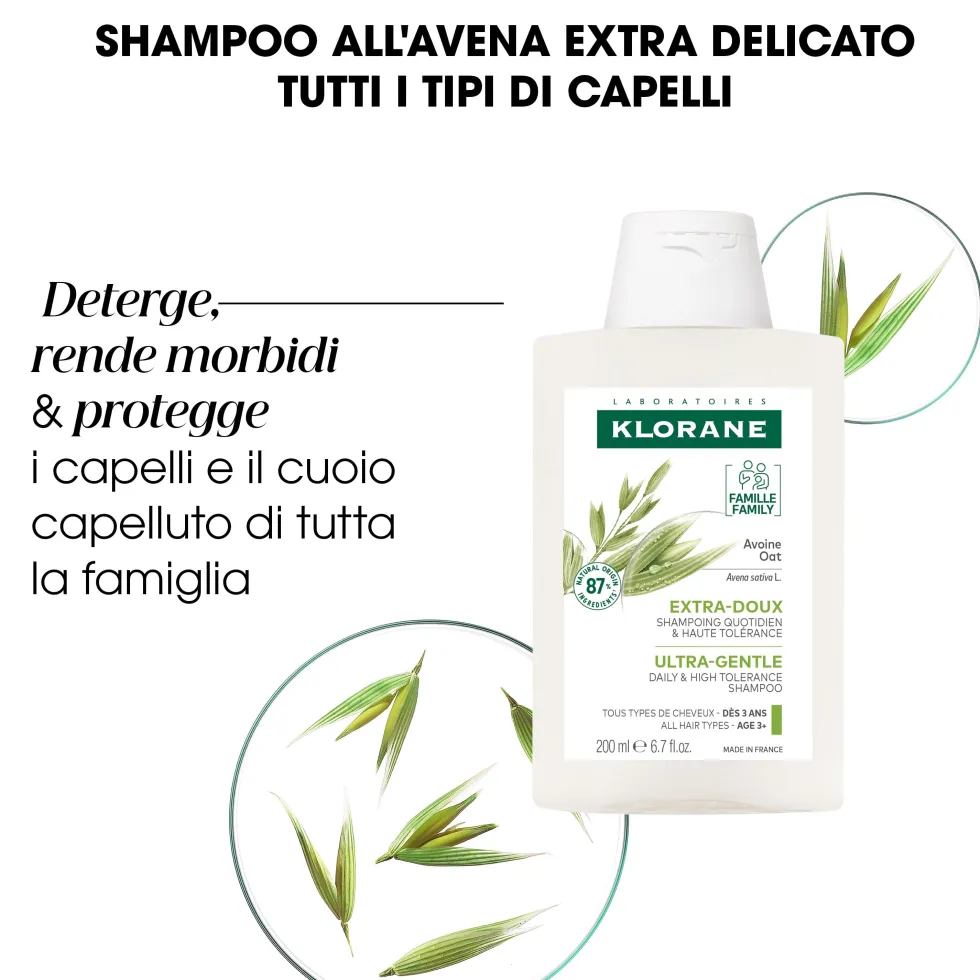 Klorane Latte D'Avena - Shampoo Ultra-Dolce per Tutti i Tipi di Capelli, 200ml