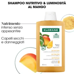 Klorane Mango - Shampoo Nutritivo Capelli Secchi Aridi Sfibrati, 400ml