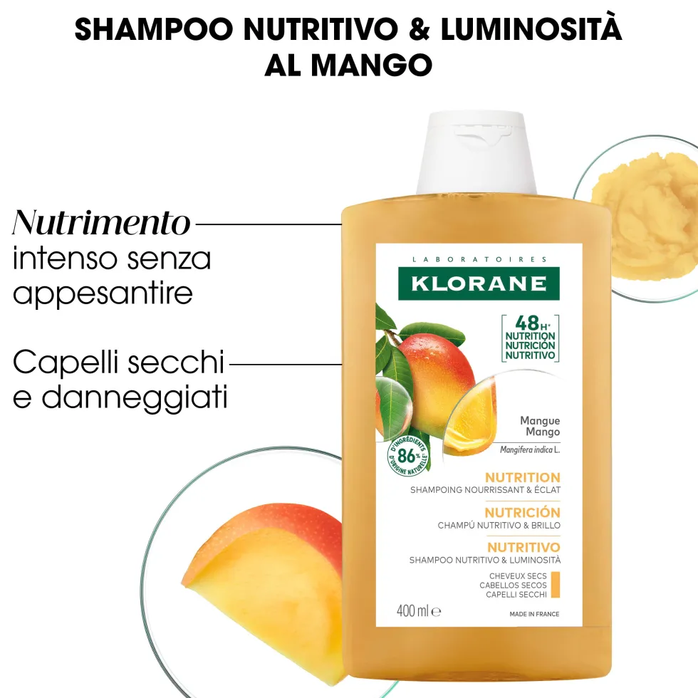 Klorane Mango - Shampoo Nutritivo Capelli Secchi Aridi Sfibrati, 400ml