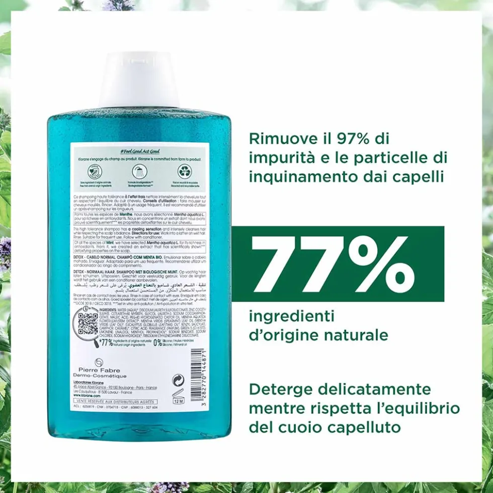 Klorane Menta Acquatica - Shampoo Detox Capelli Esposti all'Inquinamento, 400ml