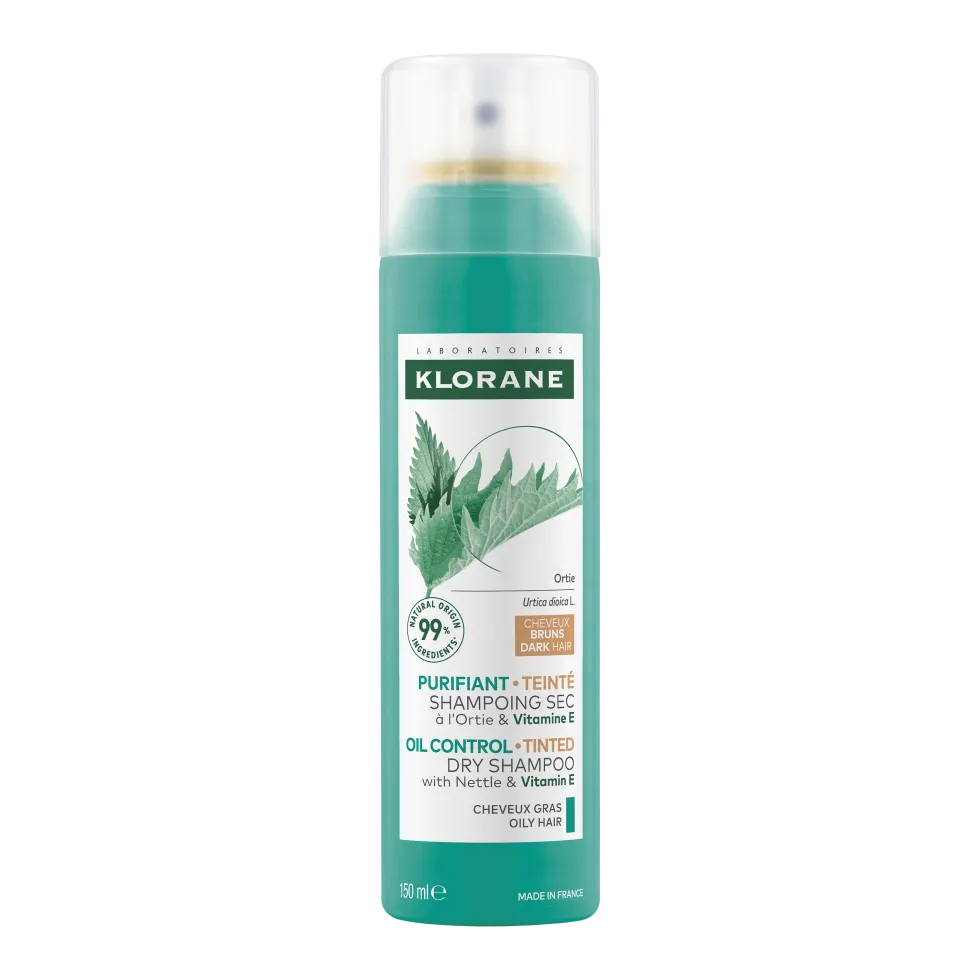 Klorane Ortica - Shampoo Secco all'Ortica e Vitamina E Purificante per Capelli Scuri, 150ml