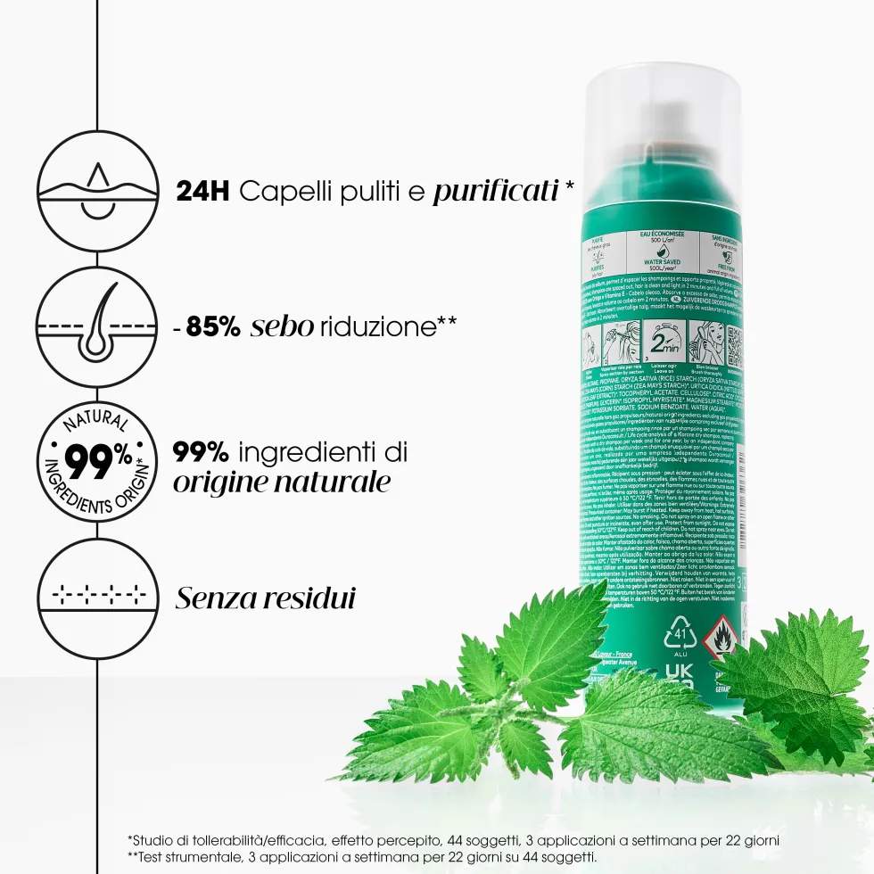 Klorane Ortica - Shampoo Secco all'Ortica e Vitamina E Purificante per Capelli Scuri, 150ml