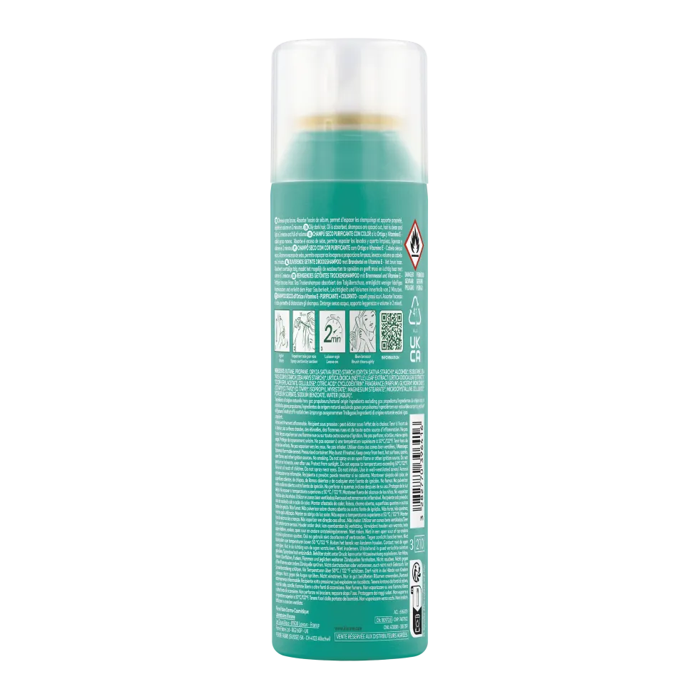 Klorane Ortica - Shampoo Secco all'Ortica e Vitamina E Purificante per Capelli Scuri, 150ml