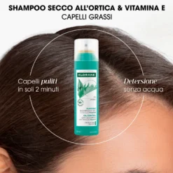 Klorane Ortica - Shampoo Secco all'Ortica & Vitamina E Purificante per Capelli Grassi, 150ml