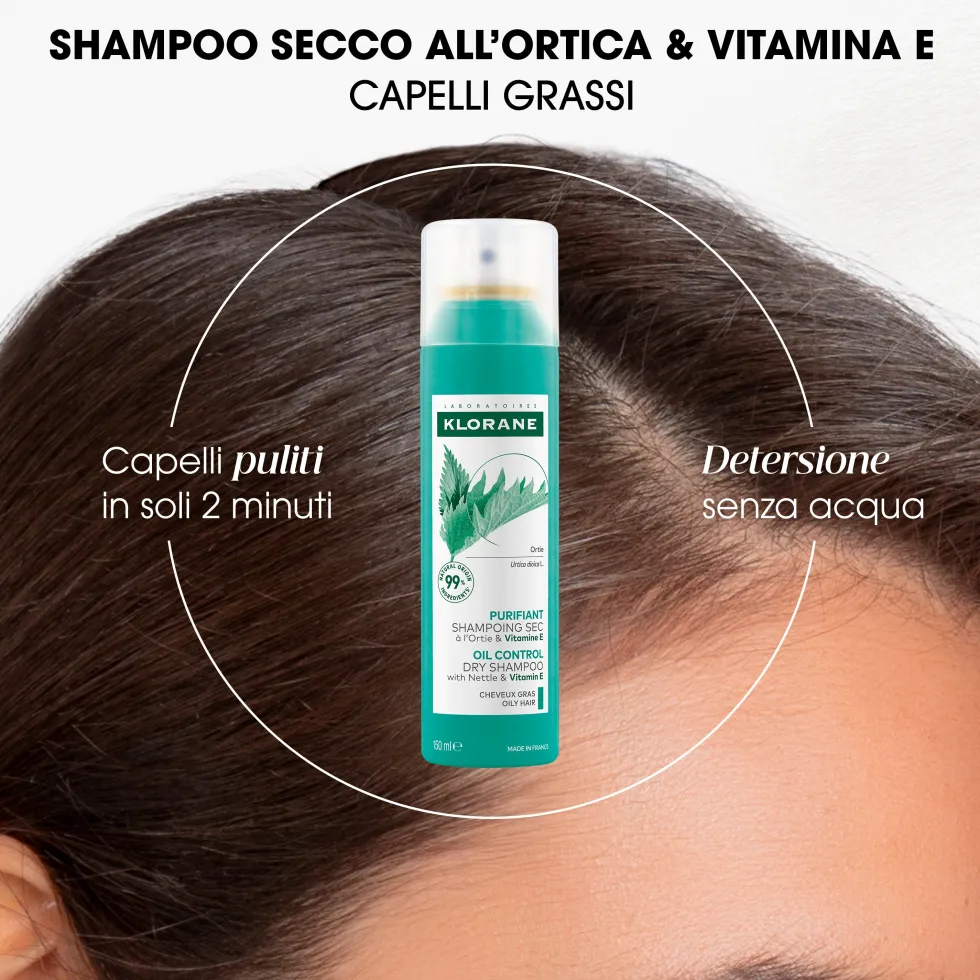 Klorane Ortica - Shampoo Secco all'Ortica & Vitamina E Purificante per Capelli Grassi, 150ml