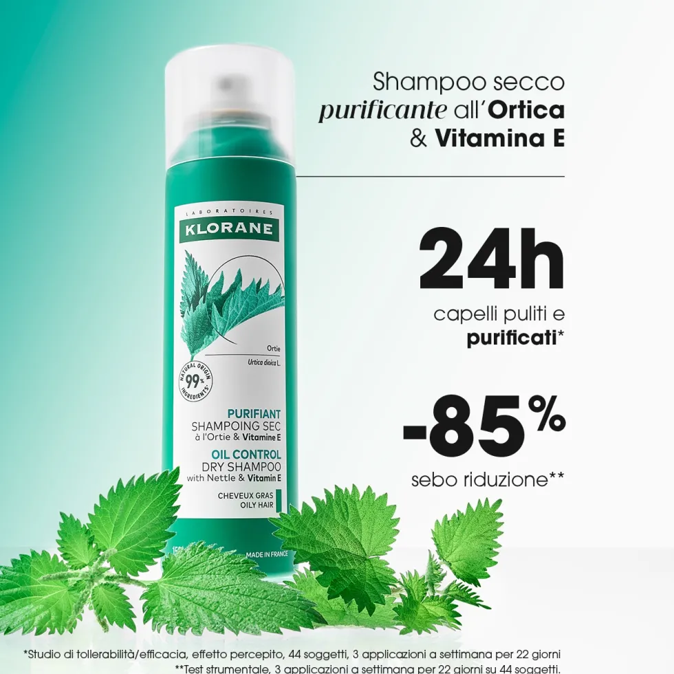 Klorane Ortica - Shampoo Secco all'Ortica & Vitamina E Purificante per Capelli Grassi, 150ml
