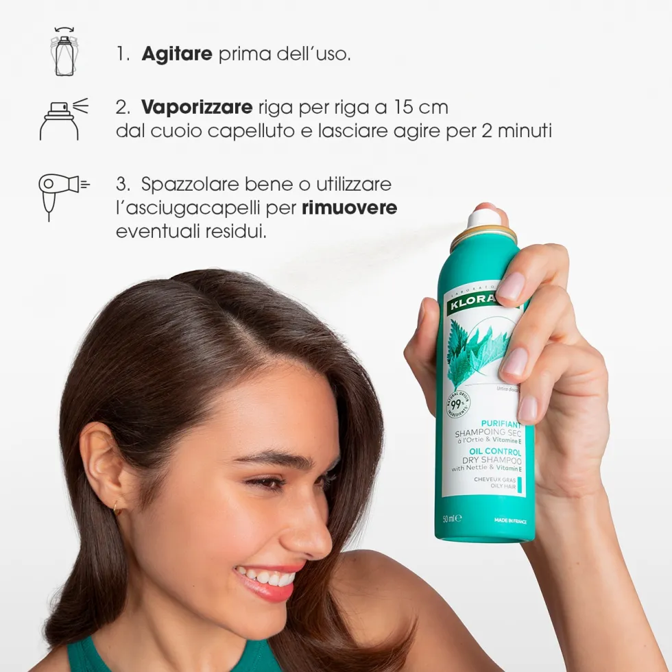 Klorane Ortica - Shampoo Secco all'Ortica & Vitamina E Purificante per Capelli Grassi, 150ml