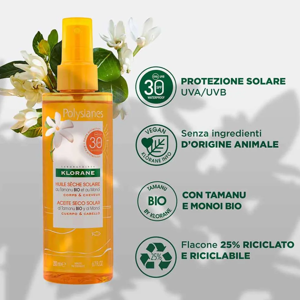 Klorane Polysianes - Olio Secco Spray Solare Corpo Capelli SPF30, 200ml