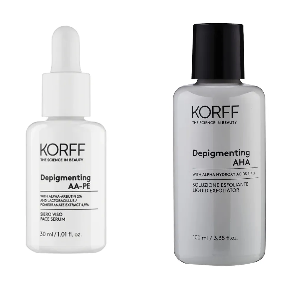 Korff Depigmenting - Cofanetto con siero e soluzione esfoliante per le macchie, 30 ml e 100 ml