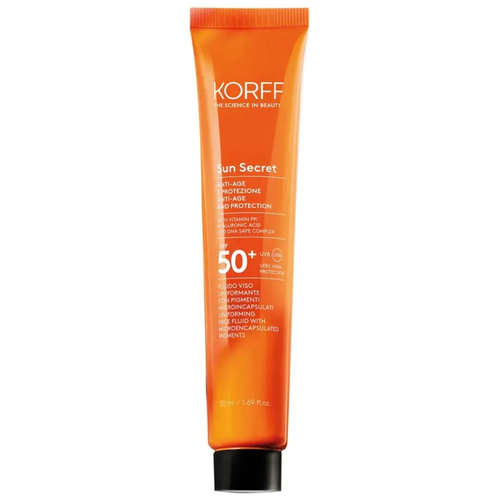 Korff Sun Secret - Fluido Viso Uniformante Anti Age SPF50+ Colorato Light, 50ml