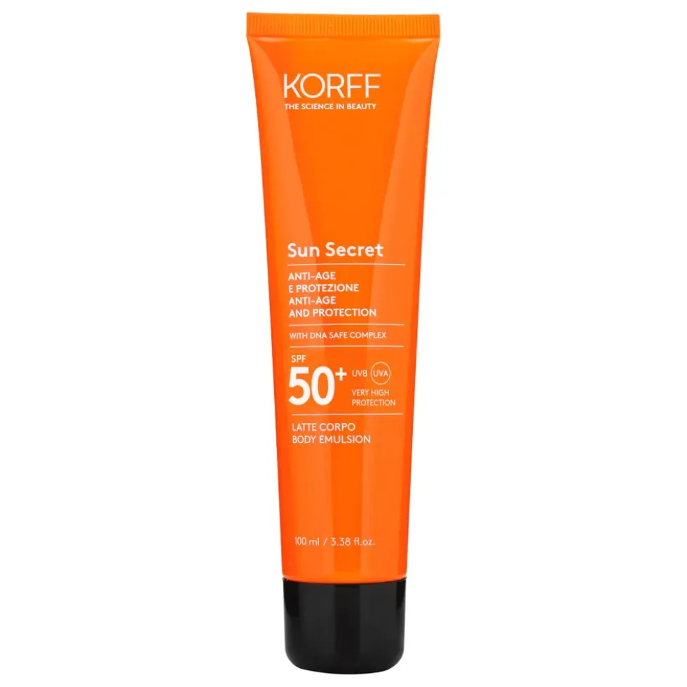 Korff Sun Secret - Latte solare corpo per la protezione antietà e antimacchia SPF 50+, 100 ml