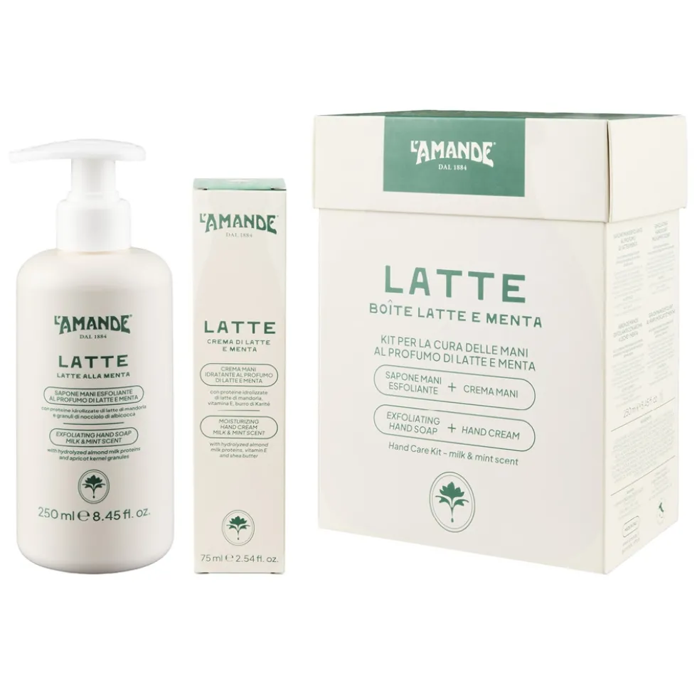 L'Amande Latte e Menta Kit Cofanetto Mani Sapone esfoliante 250 ml + Crema 75 ml