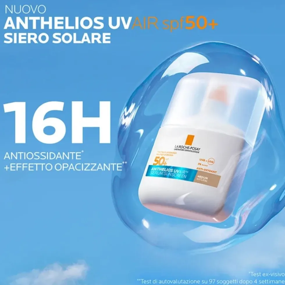 La Roche-Posay Anthelios Uvair Serum Sunscreen SPF50+ Siero Protezione Solare viso leggero colore Medium natural, 50ml