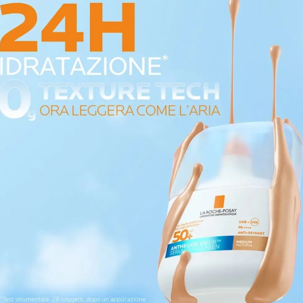 La Roche-Posay Anthelios Uvair Serum Sunscreen SPF50+ Siero Protezione Solare viso leggero colore Medium natural, 50ml