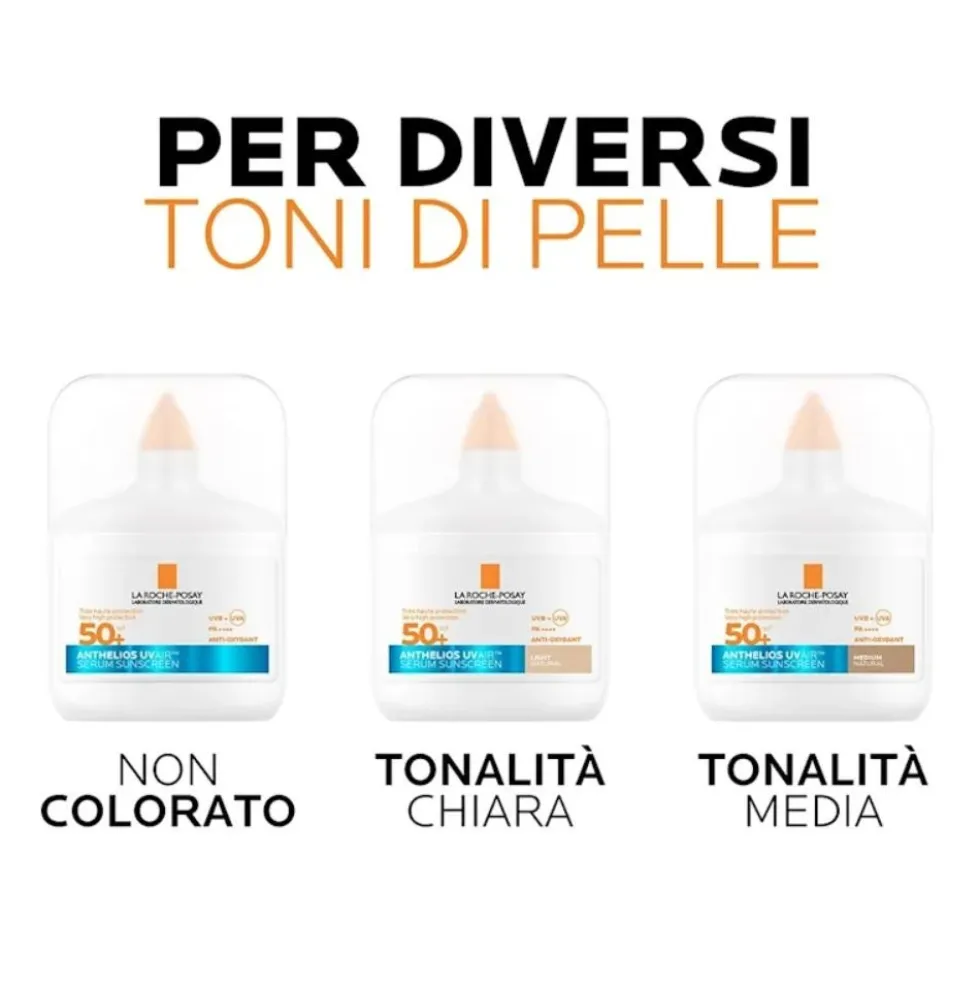 La Roche-Posay Anthelios Uvair Serum Sunscreen SPF50+ Siero Protezione Solare viso leggero colore Light natural, 50ml