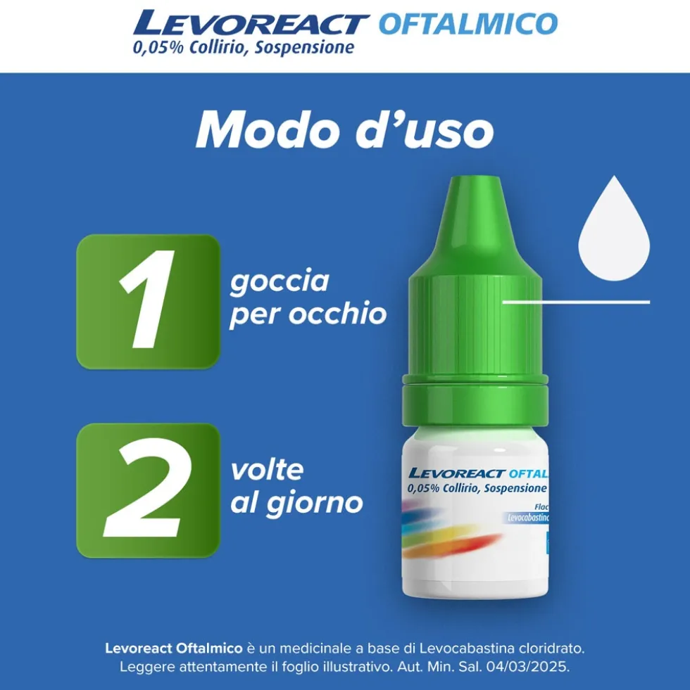 Levoreact Collirio Antistaminico per Occhi che Lacrimano e Congiuntivite Allergica, 4ml
