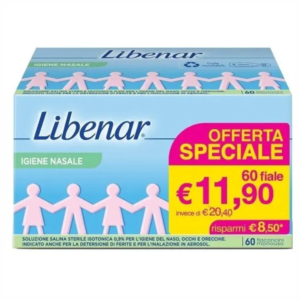 Libenar Soluzione fisiologica - Soluzione salina per l'igiene nasale e oculare, 60 flaconcini
