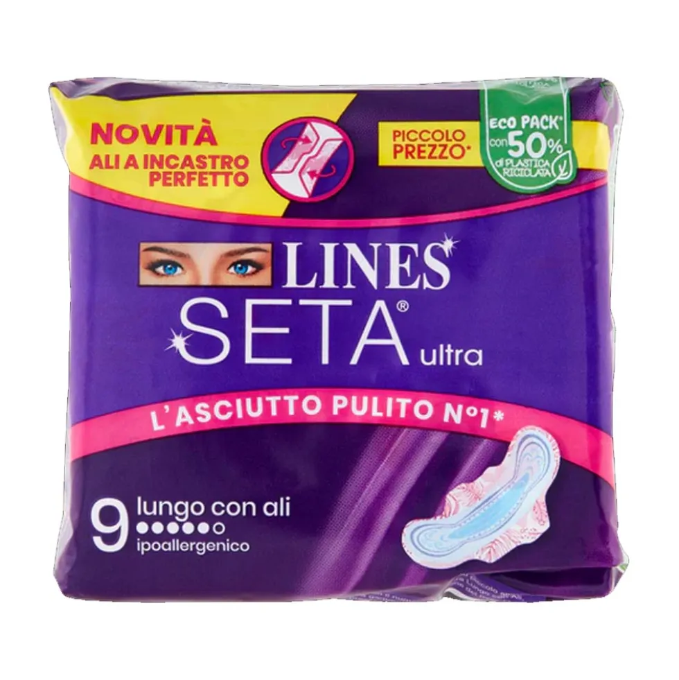 Lines Seta Ultra - Assorbente Lungo con Ali per Flussi Intensi, 9 assorbenti