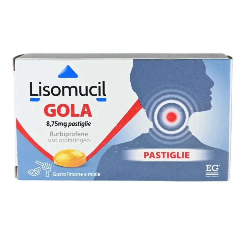 Lisomucil Gola 8,75mg Flurbiprofene Irritazione Infiammazione e Dolore del Cavo Orofaringeo, 16 Pastiglie Gusto Limone e Miele
