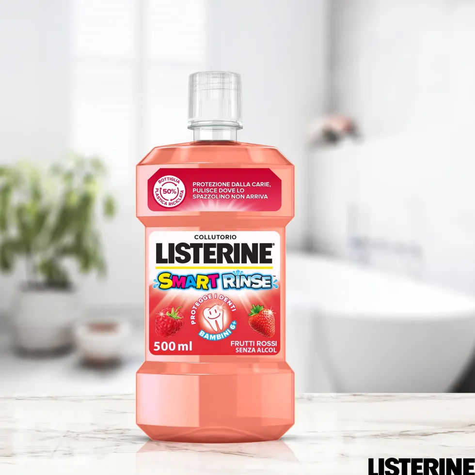 Listerine Smart Rinse Kids - Collutorio per bambini anticarie senza alcol ai frutti rossi, 500 ml
