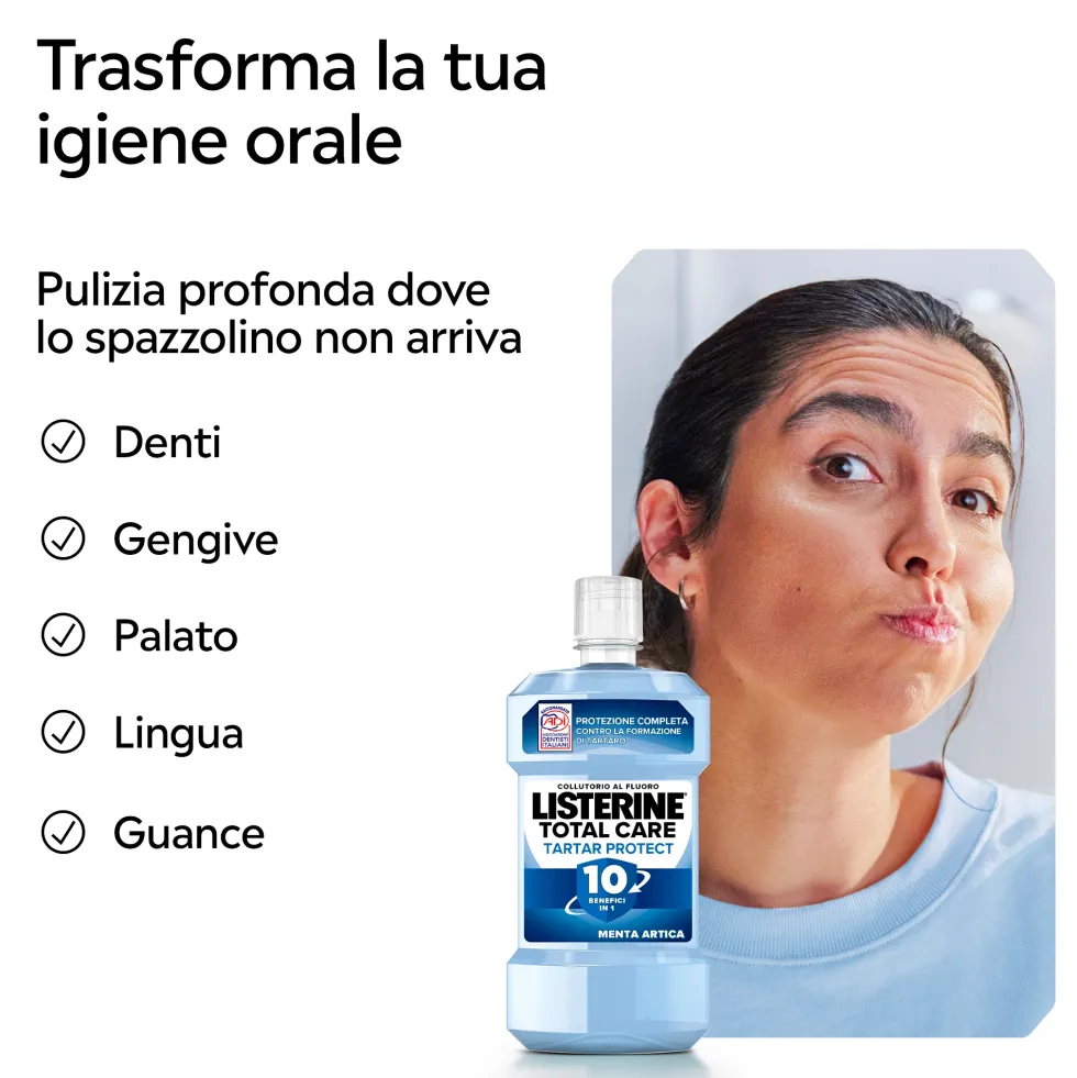 Listerine Total Care Tartar Protect Collutorio Gusto Menta Artica al Fluoro 10 Benefici in 1 Pulizia Denti Tartaro Accurata Protezione Completa, 500ml