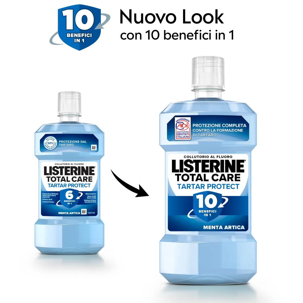 Listerine Total Care Tartar Protect Collutorio Gusto Menta Artica al Fluoro 10 Benefici in 1 Pulizia Denti Tartaro Accurata Protezione Completa, 500ml