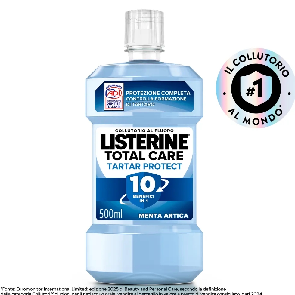Listerine Total Care Tartar Protect Collutorio Gusto Menta Artica al Fluoro 10 Benefici in 1 Pulizia Denti Tartaro Accurata Protezione Completa, 500ml