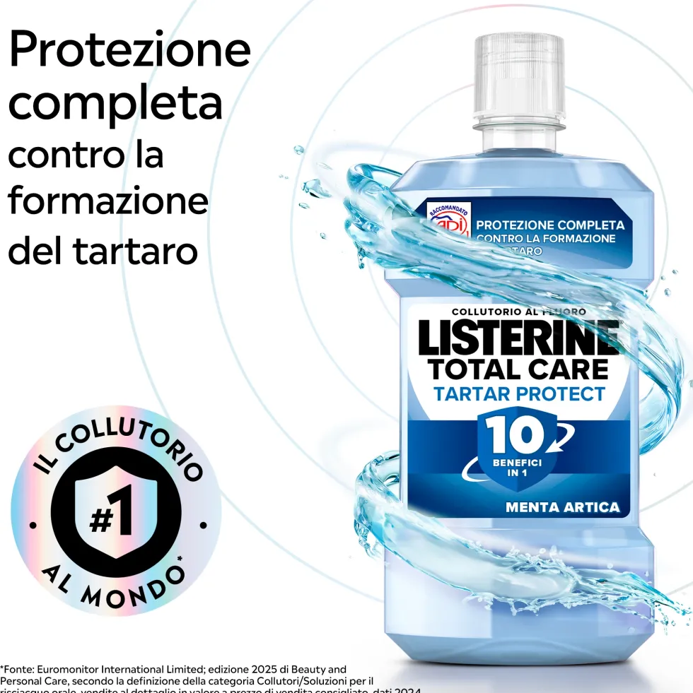 Listerine Total Care Tartar Protect Collutorio Gusto Menta Artica al Fluoro 10 Benefici in 1 Pulizia Denti Tartaro Accurata Protezione Completa, 500ml