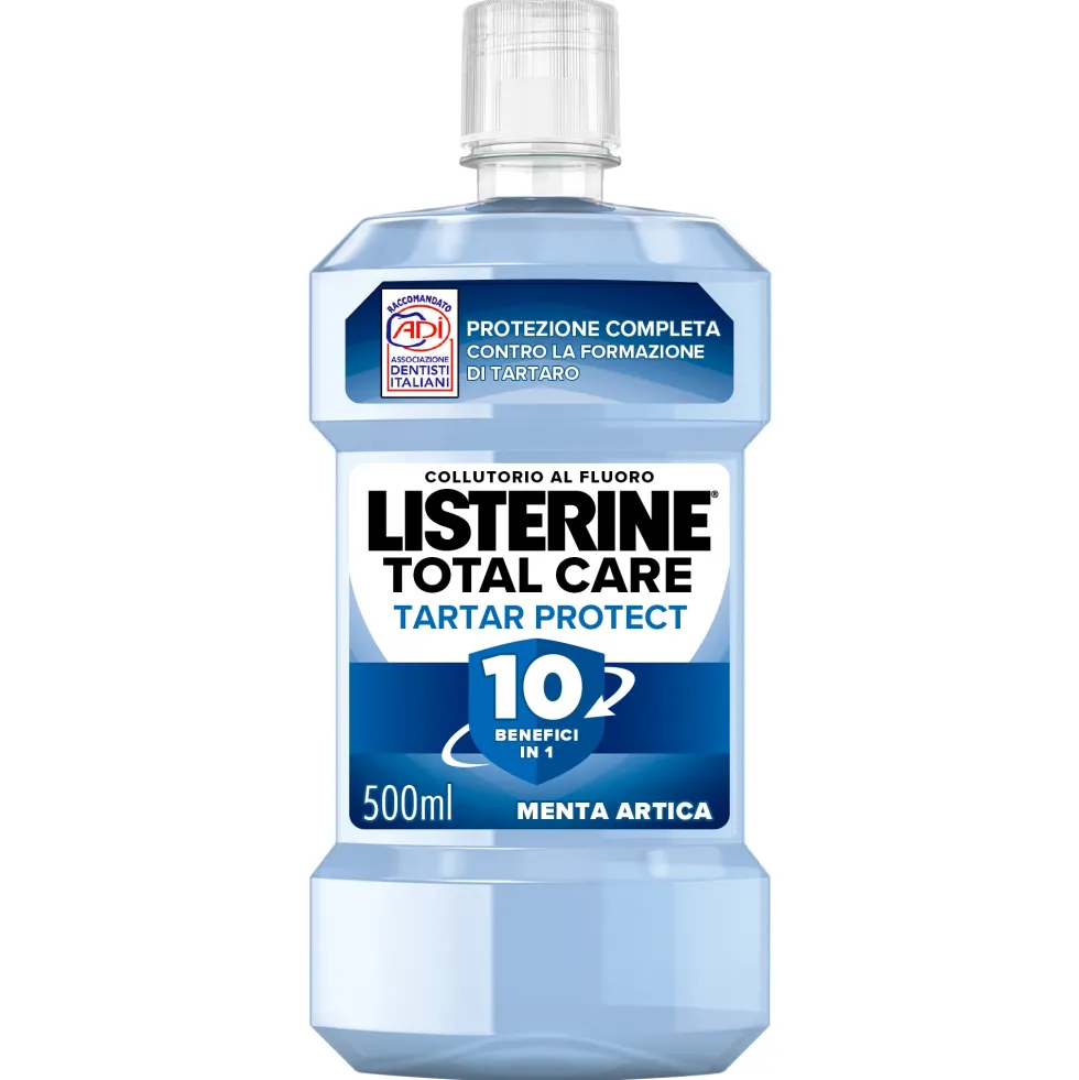 Listerine Total Care Tartar Protect Collutorio Gusto Menta Artica al Fluoro 10 Benefici in 1 Pulizia Denti Tartaro Accurata Protezione Completa, 500ml