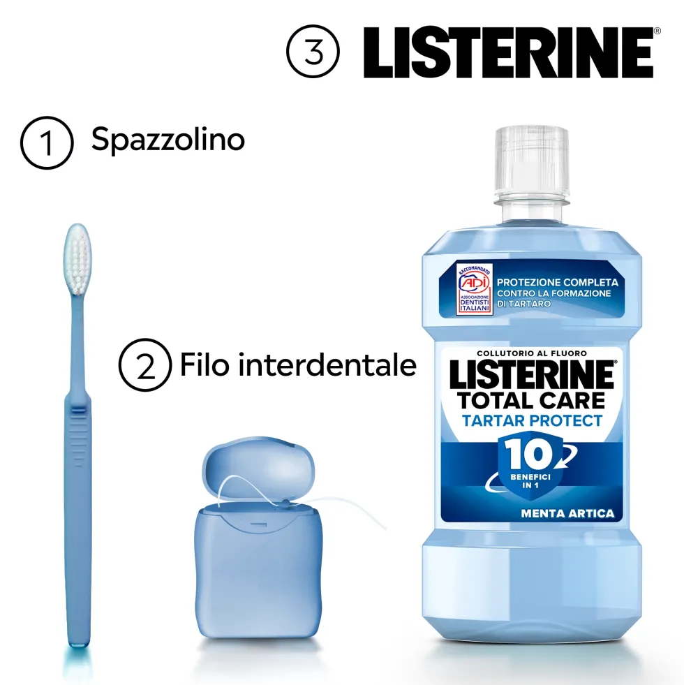 Listerine Total Care Tartar Protect Collutorio Gusto Menta Artica al Fluoro 10 Benefici in 1 Pulizia Denti Tartaro Accurata Protezione Completa, 500ml