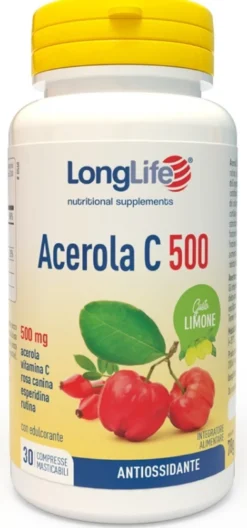 LongLife Acerola C500 Integratore antiossidante masticabile con vitamina C gusto limone, 30 compresse