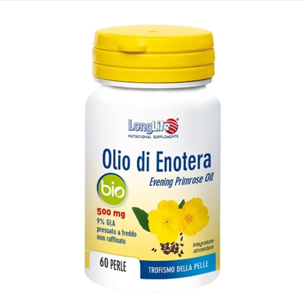 LongLife Olio di Enotera Bio - Integratore alimentare per il trofismo della pelle, 60 perle