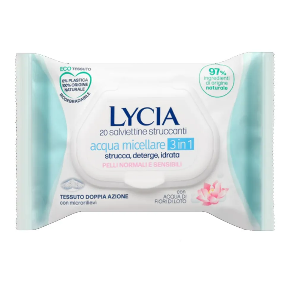 Lycia Salviettine Struccanti all'Acqua Micellare 3 in 1, 20 salviette