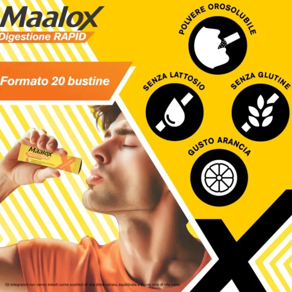 Maalox Digestione Rapid - Integratore per la digestione e l'acidità gastrica, 20 bustine da 2 g