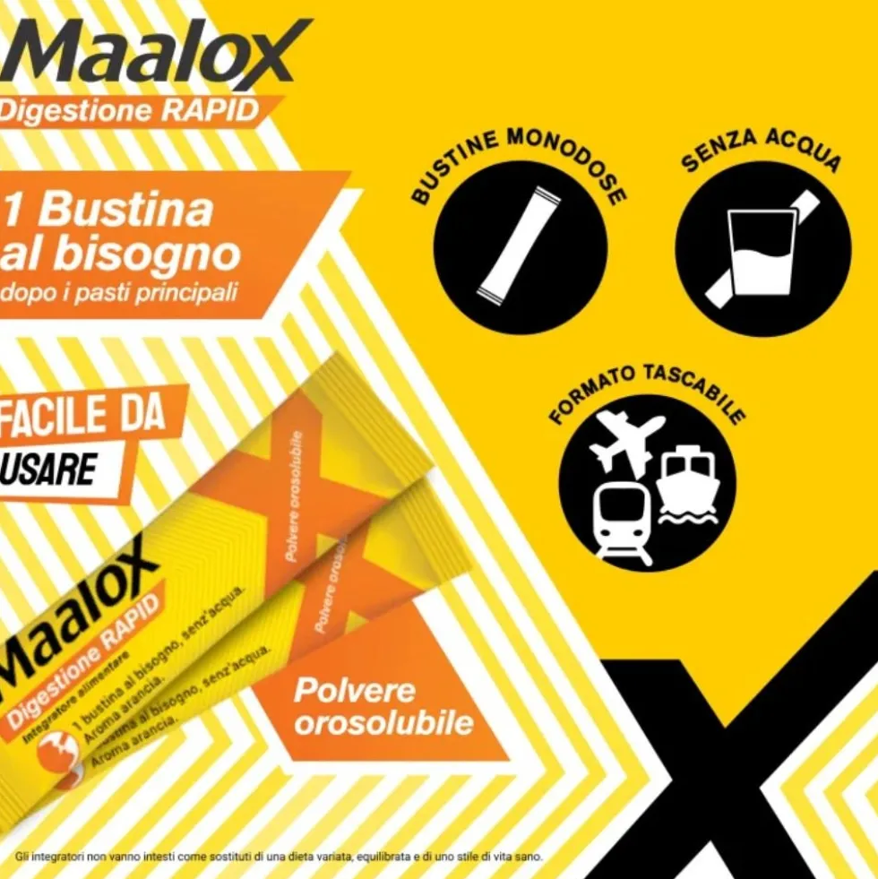 Maalox Digestione Rapid - Integratore per la digestione e l'acidità gastrica, 20 bustine da 2 g