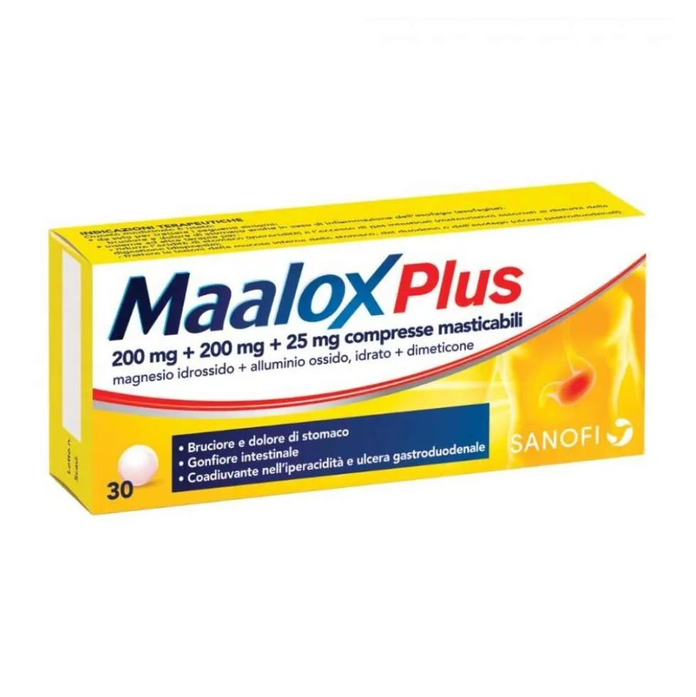Maalox plus Acidità di Stomaco e Gonfiore Gastro-Intestinale, 30 Compresse Masticabili