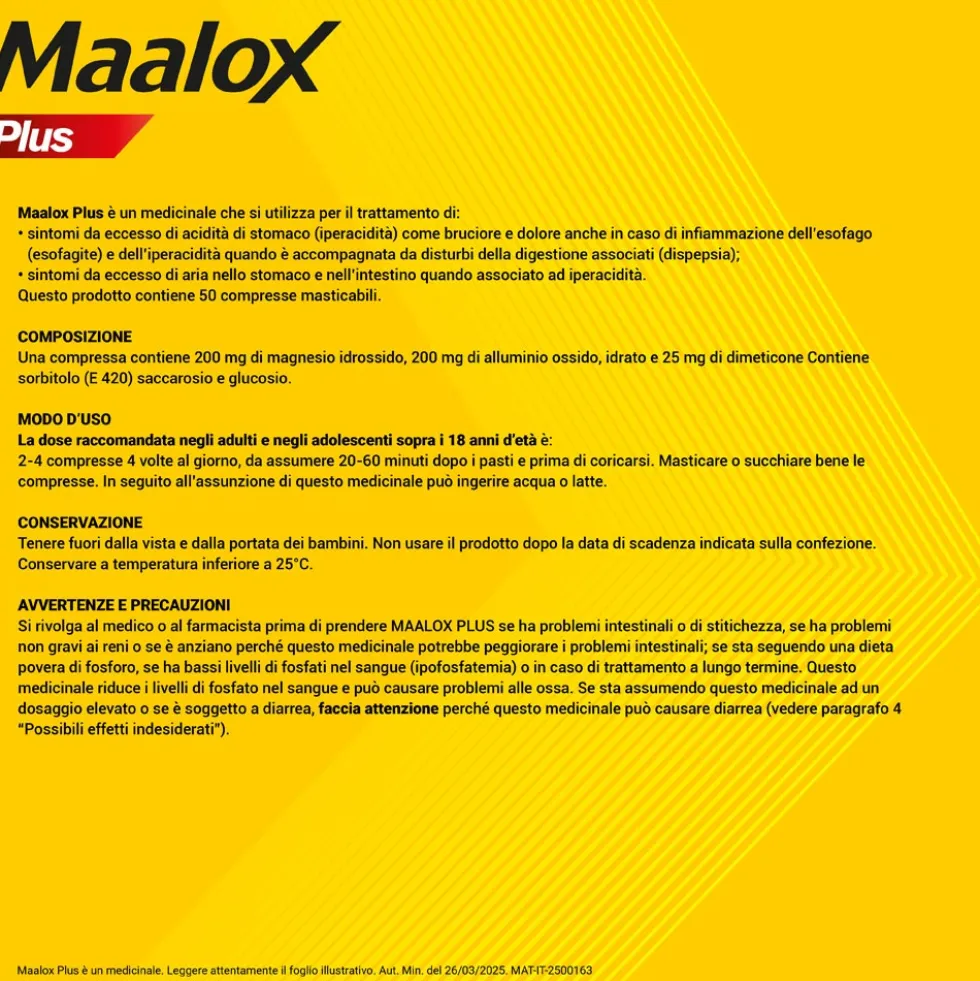 Maalox Plus 200mg + 200mg + 25mg Trattamento Iperacidità Bruciore e Dolore Gastro-Intestinale, 50 Compresse Masticabili