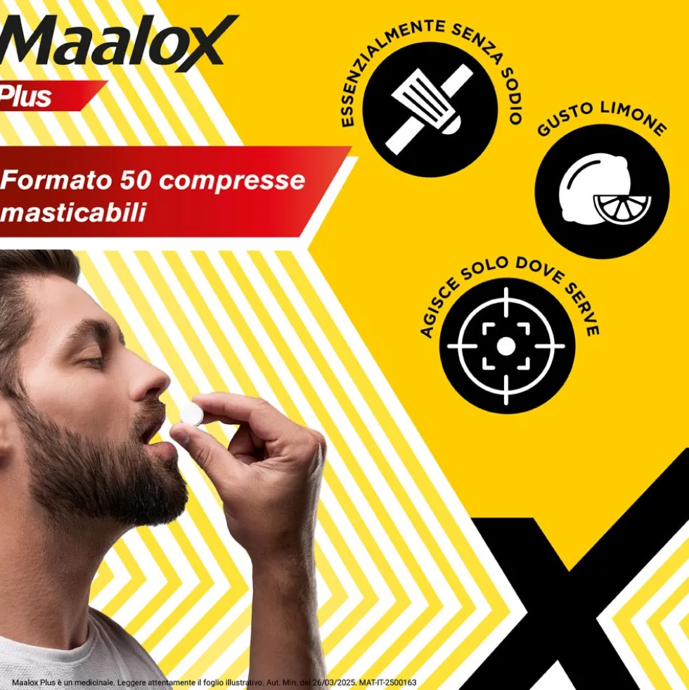Maalox Plus 200mg + 200mg + 25mg Trattamento Iperacidità Bruciore e Dolore Gastro-Intestinale, 50 Compresse Masticabili