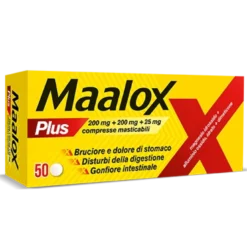 Maalox Plus 200mg + 200mg + 25mg Trattamento Iperacidità Bruciore e Dolore Gastro-Intestinale, 50 Compresse Masticabili
