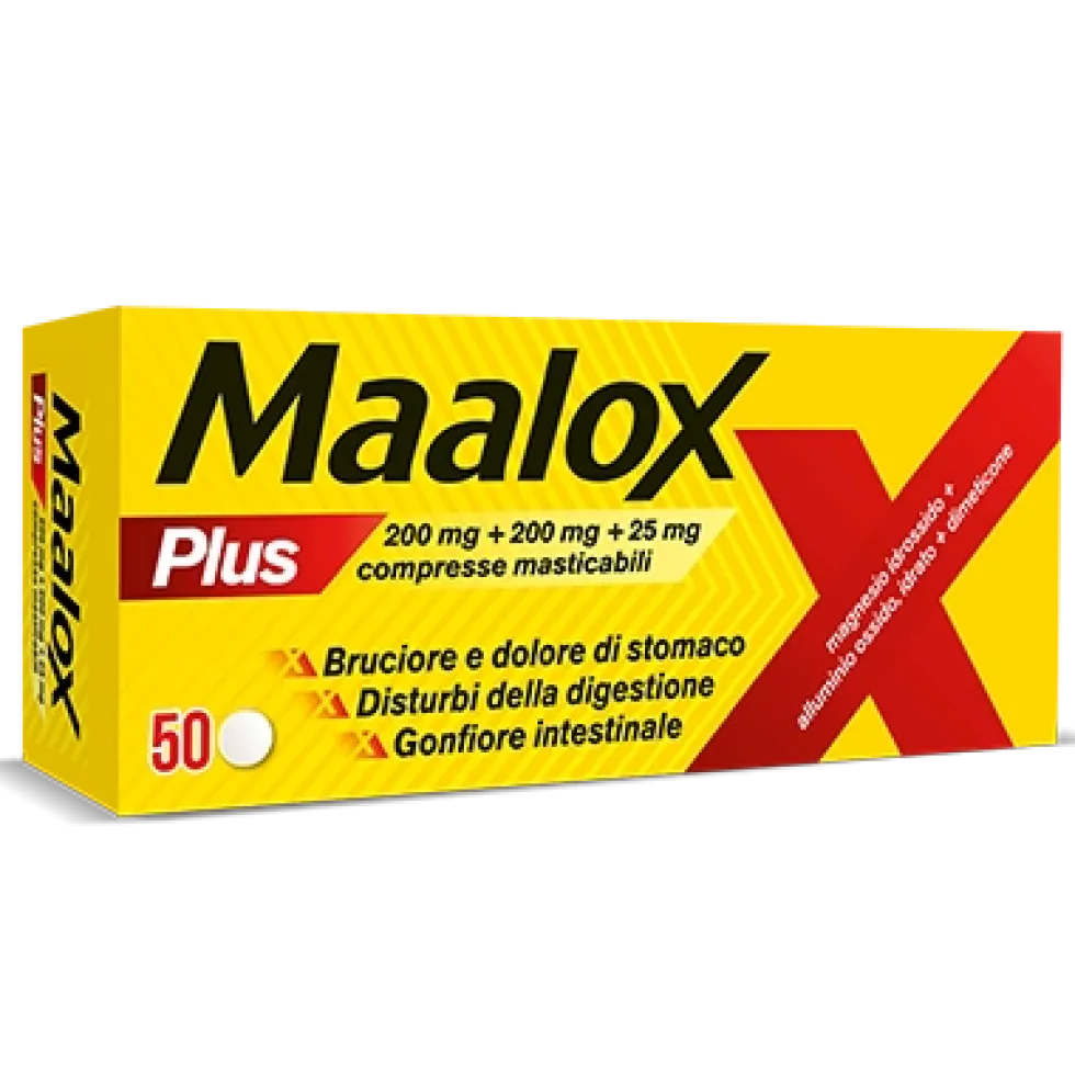 Maalox Plus 200mg + 200mg + 25mg Trattamento Iperacidità Bruciore e Dolore Gastro-Intestinale, 50 Compresse Masticabili