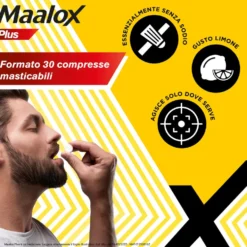 Maalox Plus 200mg + 200mg + 25mg Trattamento Iperacidità Bruciore e Dolore Gastro-Intestinale, 30 Compresse Masticabili