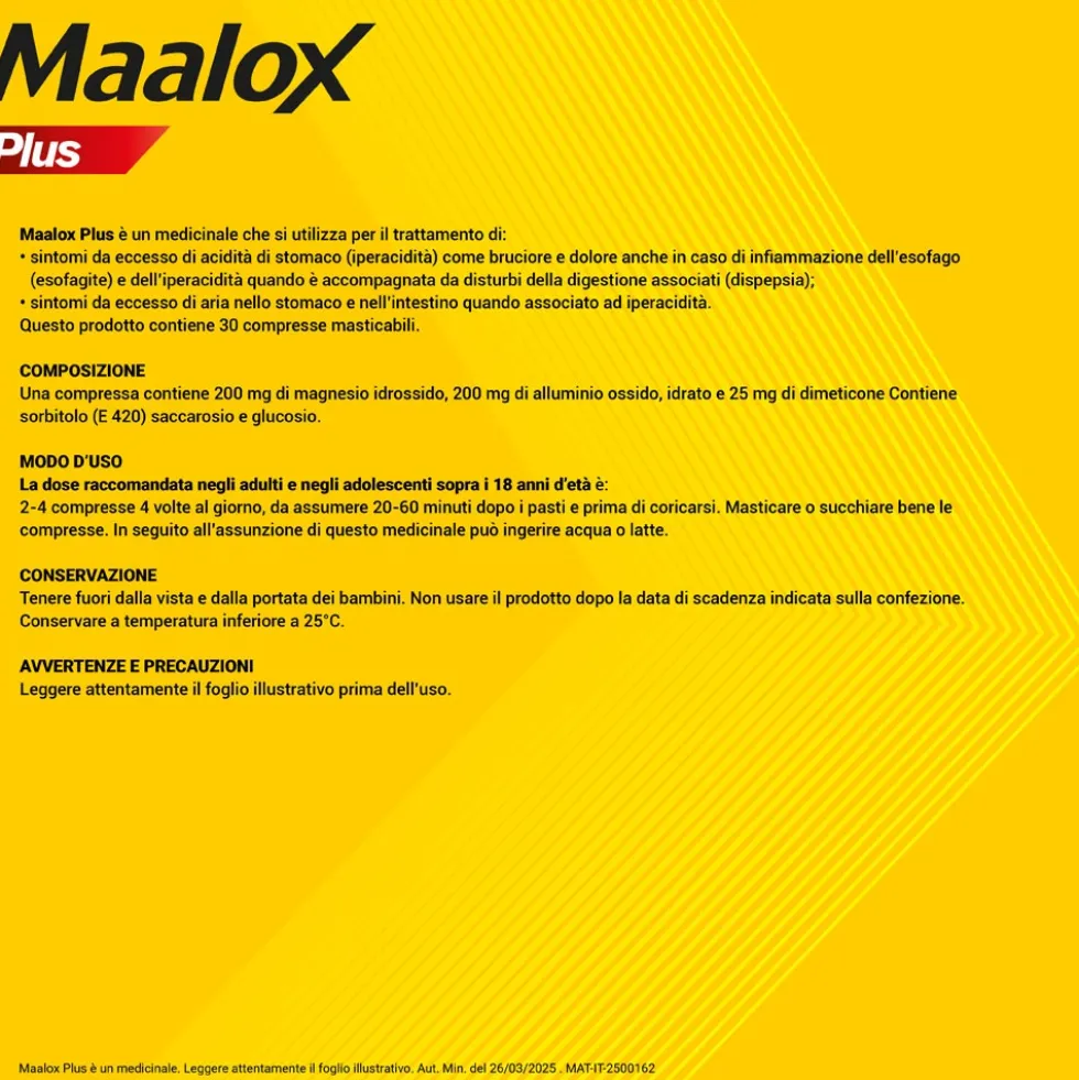 Maalox Plus 200mg + 200mg + 25mg Trattamento Iperacidità Bruciore e Dolore Gastro-Intestinale, 30 Compresse Masticabili