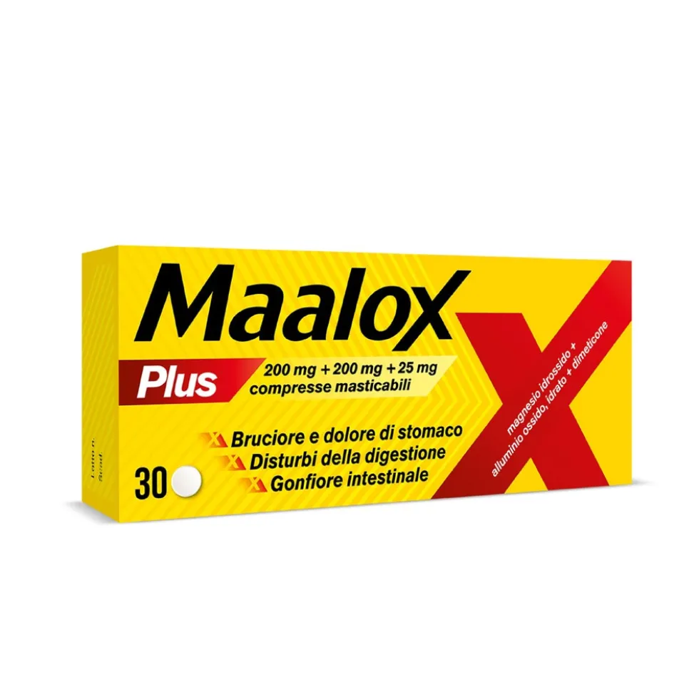 Maalox Plus 200mg + 200mg + 25mg Trattamento Iperacidità Bruciore e Dolore Gastro-Intestinale, 30 Compresse Masticabili