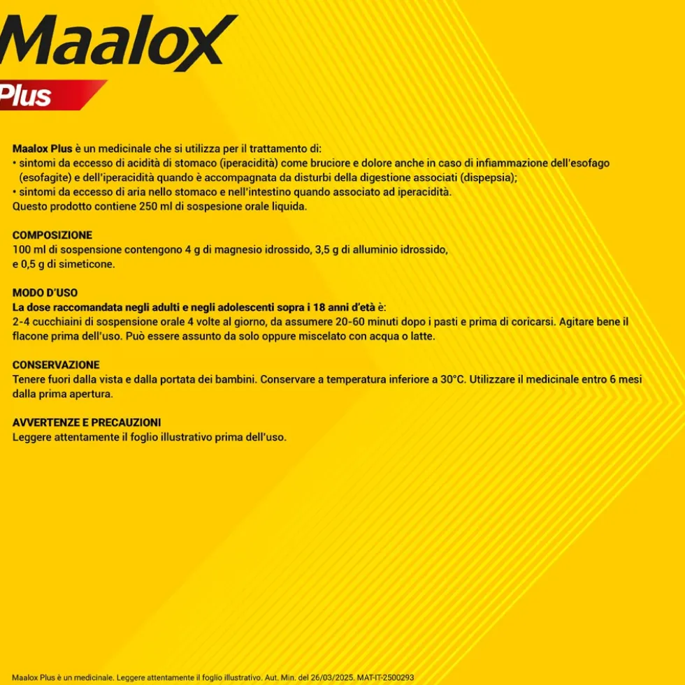 Maalox Plus 4% + 3,5% + 0,5% Sospensione Orale Aroma Limone Trattamento Iperacidità Bruciore e Dolore Gastro-Intestinale, 250ml
